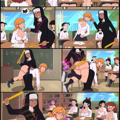 ass, classroom, cleavage, comic, curvy, female, large ass, large breasts, multiple girls, nun, punishment, school uniform, schoolgirl, shadman, spanking