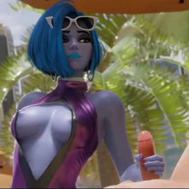 16:9 aspect ratio, 3d, animated, areola slip, areolae, beach, blue hair, blue lipstick, blue skin, breasts, center opening, cleavage, cote d'azur widowmaker, discko, DisckoA
