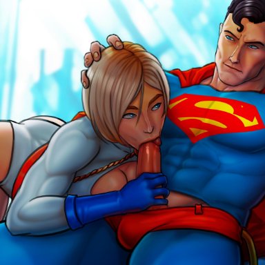 :>=, balls, black hair, blonde hair, blue eyes, cape, clark kent, costume, dc, dc comics, fellatio, female, hand on another's head, hand on head, incest