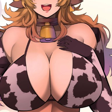 cow bell, cow ears, cow girl, cow print, female, huge breasts, nachocobana, rwby, yang xiao long