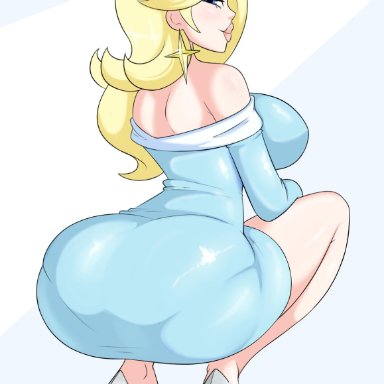 1girl, 1girls, ass, bare shoulders, big ass, big lips, blonde hair, blue dress, blue eyes, breasts, clothed, crown, dress, earrings, eye contact