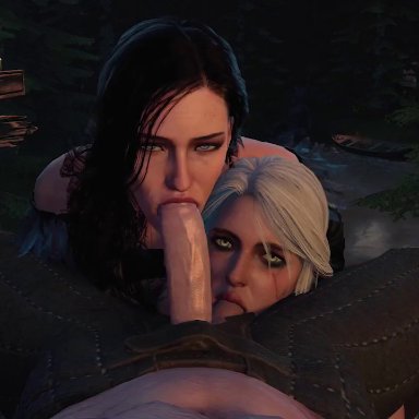 1boy, 2girls, 3d, animated, ball sucking, black hair, ciri, female, geralt of rivia, male, no sound, penis, rescraft, tagme, the witcher