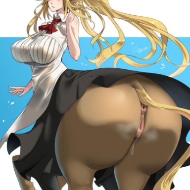 animal ears, anus, ass, back, blonde hair, blue eyes, blush, breasts, centaur, centorea shianus, cigusa, female, highres, horse ears, horse pussy