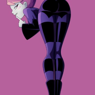 ass, ass up, clothed, dat ass, dc, dc comics, female, jinx, leggings, looking at viewer, looking back, pale-skinned female, pink eyes, pink hair, presenting