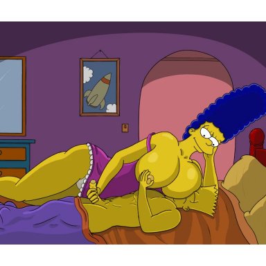 age difference, animated, bart simpson, bed, blue hair, breast sucking, breasts outside, cfnm, handjob, incest, larger female, marge simpson, milf, mother, mother and son