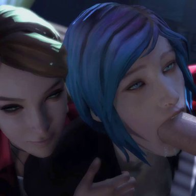 2girls, 3d, absurdres, animated, blue eyes, blue hair, brown hair, chloe price, clothes, clothing, deepthroat, erection, evilaudio, eyebrows, fellatio