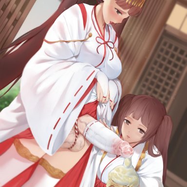 1235, blush, brown hair, cock sleeve, cum, dickgirl, erection, female, futa with female, futanari, intersex, large penis, penis, shrine maiden, standing