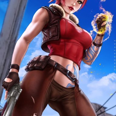 1girls, borderlands, breasts, cleavage, dandon fuga, female, female only, lilith (borderlands), looking at viewer, solo