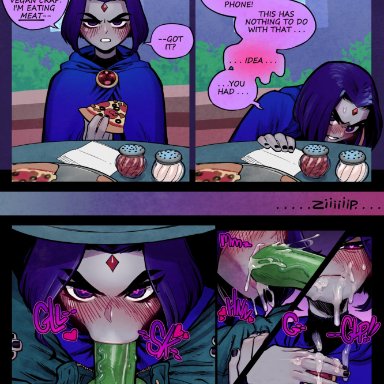 1boy, 1girls, beast boy, blush, cape, clothing, comic, cum, cum in mouth, cum inside, dc, dialogue, english text, fellatio, female