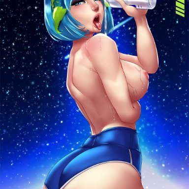 1girls, areolae, artist name, ass, big ass, big breasts, blue eyes, blue hair, breasts, clothing, curvy, earth, earth-chan, female, female only