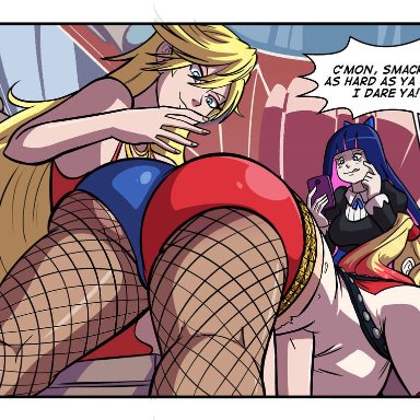 3girls, axel-rosered, big ass, crossover, english text, femdom, fishnets, harley quinn, hotpants, huge ass, looking back, masochism, panty (psg), panty & stocking with garterbelt, spanking