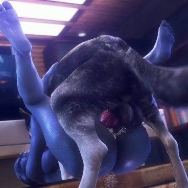 1boy, 1girls, 3d, animal genitalia, animated, areolae, asari, balls, breasts, canine, canine penis, cum, dog, erection, female