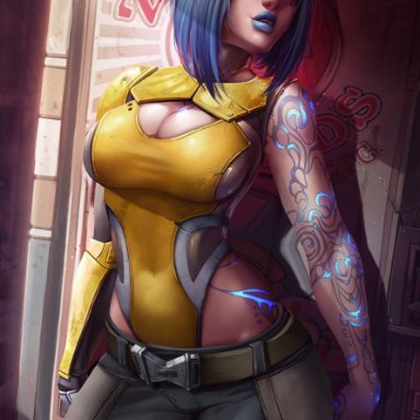 big breasts, blue eyes, blue hair, blue lipstick, borderlands, borderlands 2, cleavage, female, female only, glowing tattoo, grey eyes, hair, hips, large breasts, lips