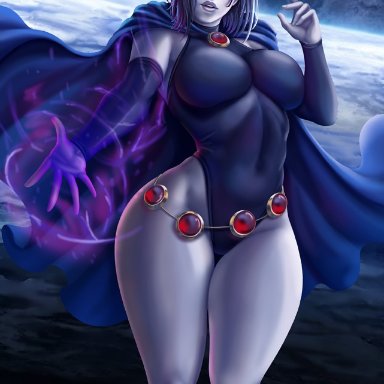 1girls, breasts, cleavage, dc, elbow gloves, female, flowerxl, large breasts, looking at viewer, male only, pinup, raven, solo, teen titans, thick thighs