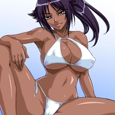 ass, big breasts, bikini, bleach, breasts, cleavage, collarbone, dark skin, dark-skinned female, female, kagami hirotaka, navel, nipple bulge, ponytail, purple hair