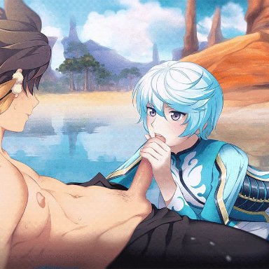 2boys, animated, blue hair, brown hair, fellatio, handjob, mikleo (tales), multiple boys, nipples, oral, penis, pubic hair, shailo, short hair, sorey (tales)