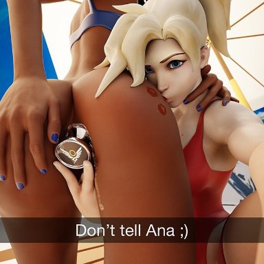 2girls, 3d, ass, blender, buttplug, dark skin, dark-skinned female, female, female only, fireboxstudio, interracial, mercy, overwatch, pharah, snapchat