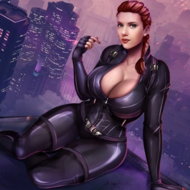 1girls, avengers, black widow, bodysuit, braid, breasts, cleavage, clothed, female, female only, fingerless gloves, flowerxl, gloves, huge ass, huge breasts