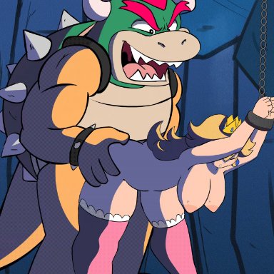 ahegao, animated, anthro, anthro penetrating, anthro penetrating human, bondage, bowser, breasts, compression artifacts, crown, female, forced, from behind, hi res, human