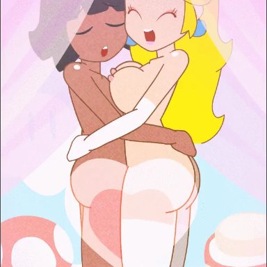 1boy, 1girls, animated, ass, bed, bed sheet, bedroom, blonde hair, bounce, breasts, closed eyes, dark skin, dark-skinned male, earrings, eyebrows