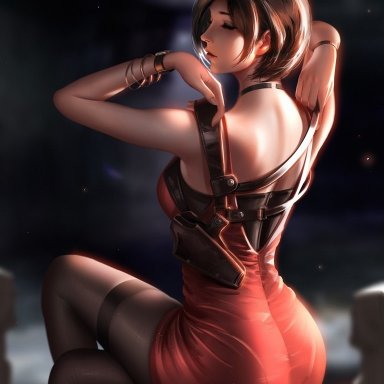 ada wong, ass, closed eyes, from behind, liang xing, resident evil, short hair