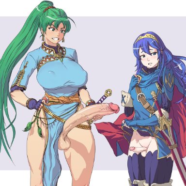 2futas, artist request, belt, blue eyes, blue hair, blush, breasts, cape, clenched teeth, dress, earrings, erect nipples, erect nipples under clothes, erection, fingerless gloves