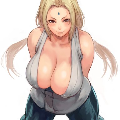 1girls, areolae, bare shoulders, blonde hair, breasts, brown eyes, busty, cleavage, clothes, erect nipples, female only, huge breasts, human, long hair, naruto