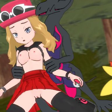 1boy, 2girls, 3d, animated, arm grab, big tail, black shirt, black thighhighs, blonde hair, bottomless, bouncing breasts, breasts, canine, claws, clothed female