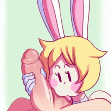 :3, 1girl, 1girls, animal ears, animated, ball lick, ball suck, ball worship, big penis, blonde hair, blush, bunny ears, fellatio, female, hand on penis