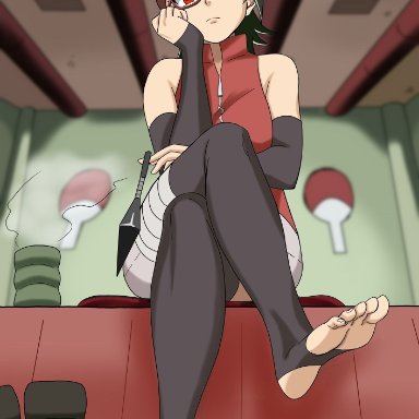 barefoot, black hair, boots, boruto: naruto next generations, clothing, crossed legs, feet, feet up, female, female only, foot fetish, foot focus, fully clothed, glasses, leggings