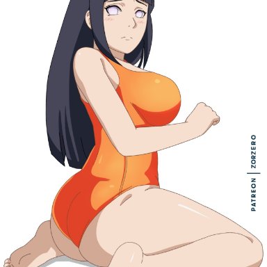 ass, barefoot, big breasts, blush, breasts, dark blue hair, dark hair, feet, female, female only, hime cut, hyuuga hinata, long hair, looking at viewer, looking back