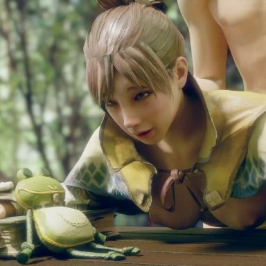 3d, animated, bent over, blender, blonde hair, bouncing breasts, breasts, capcom, female, from behind, handler (monster hunter world), large breasts, male, monster hunter, nipples