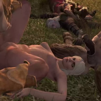 1girls, 2futas, 3d, anal, anal penetration, animal genitalia, animated, ankle grab, arch position, areolae, boots, breasts, ciri, dead, death