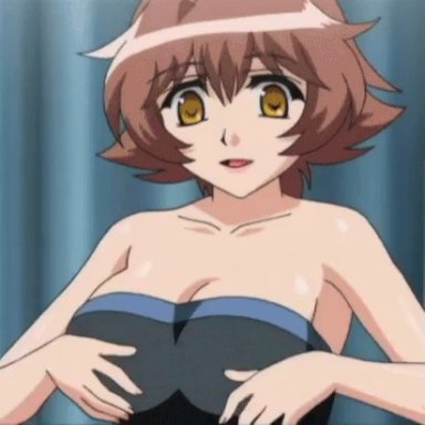 1girl, 2d, animated, animated gif, areolae, big boobs, big tits, boobs, boobs drop, bouncing breasts, breasts, brown hair, bursting breasts, cleavage, fanservice
