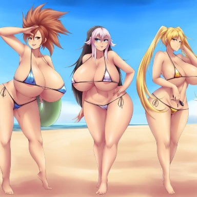 :p, 3girls, ass visible through thighs, barefoot, beach, black hair, blonde hair, blue bikini, blue eyes, blush, breasts, brown eyes, brown hair, cleavage, eyelashes