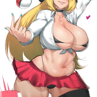 1boy, 1girls, 2d, abs, alternate breast size, alternate outfit, bikini, blonde hair, busty, choker, cleavage, clothed, cynthia (pokemon), female, grey eyes