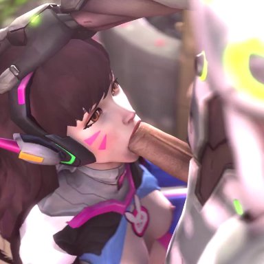 3d, animated, blizzard entertainment, breasts, brown hair, cyborg, d.va, fellatio, female, genji, hair, hand on head, male, oral, overwatch