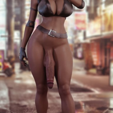 1futa, 3d, bbc, belt, big breasts, boots, breasts, cleavage, dark hair, dark skin, dark-skinned futanari, dickgirl, dragon age, earrings, erection