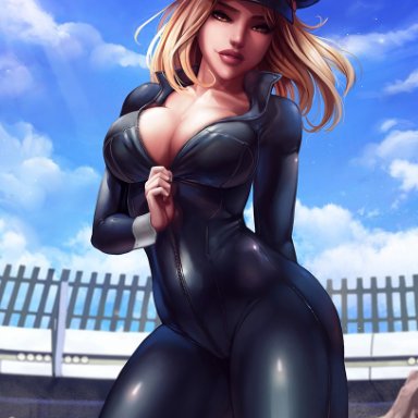 1girl, 2019, big breasts, blonde hair, bodysuit, breasts, brown eyes, camie utsushimi, cleavage, female, female focus, female only, hat, large breasts, latex