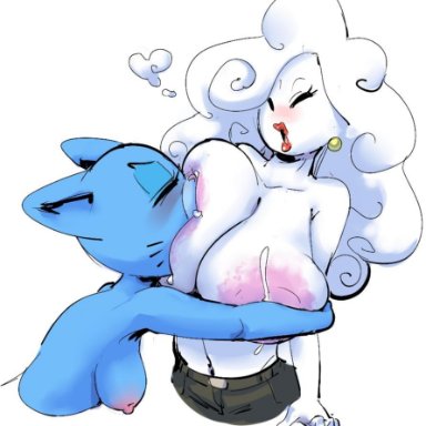 2019, anthro, bear hug, big breasts, blush, breast suck, breastfeeding, breasts, cartoon network, clothed, clothing, dbaru, domestic cat, duo, ear piercing