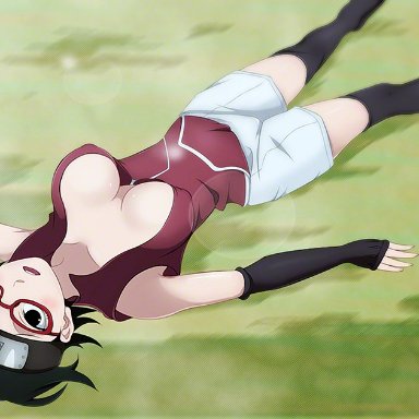 big breasts, black eyes, black hair, blush, boruto: naruto next generations, breasts, cleavage, female, female only, glasses, leggings, naruto, naruto (series), nipple bulge, open mouth