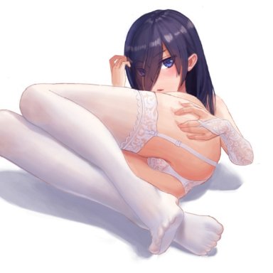 1boy, adjusting hair, ass, black hair, blue eyes, blush, bulge, crossdressing, eyebrows visible through hair, eyes visible through hair, feet, femboy, garter straps, girly, human