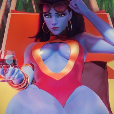 1girls, 3d, absurdres, alternate costume, blender, breasts, cleavage, cote d'azur widowmaker, female, female only, highres, looking at viewer, one-piece swimsuit, overwatch, solo