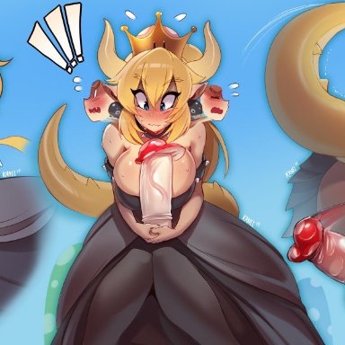 !, 2019, 2d, armband, ass, blonde hair, blue eyes, blush, bowser, bowsette, bowsette meme, breasts, breath, chain chomp, cleavage