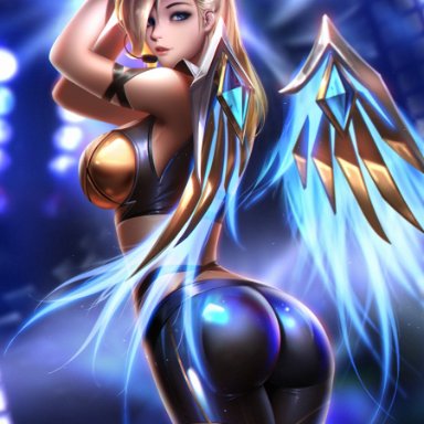 1girls, ass, breasts, cleavage, female, female only, k/da series, liang xing, looking at viewer, looking back, mercy, overwatch, solo
