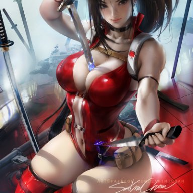 1girl, breasts, cleavage, female, female only, high resolution, katana, knife, large breasts, looking at viewer, momo yaoyorozu, my hero academia, ponytail, sakimichan, smile