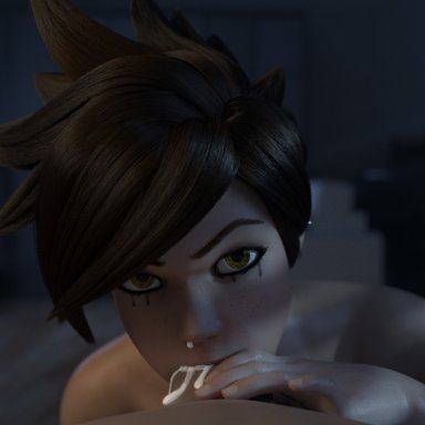 after fellatio, blizzard entertainment, blowjob, cum, cum in throat, cum out mouth, cum out nose, deepthroat, fellatio, guiltyk, looking at viewer, oral, overwatch, ruined makeup, short hair