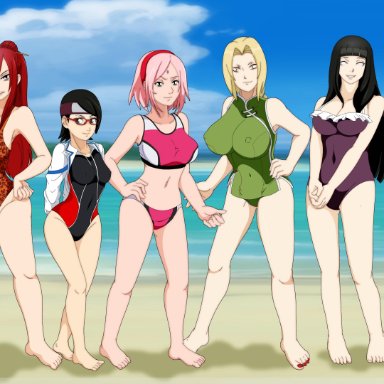 beach, big breasts, bikini, bikini top, black hair, blonde hair, blue hair, boruto: naruto next generations, bulma briefs, bwob, chichi, cow bikini, dragon ball, dragon ball z, elf