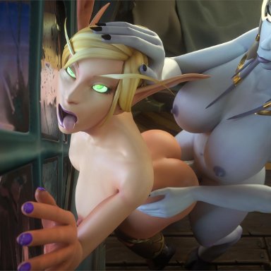 1futa, 1girls, 3d, ahe gao, areolae, ass, blood elf, breasts, dickgirl, draenei, erection, female, futa on female, futanari, nipples