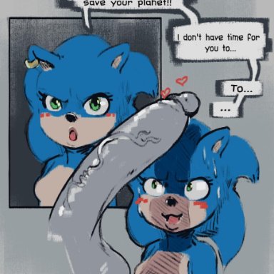 animal ears, anthro, balls, big penis, blue hair, blush, breasts, circumcised, club shaped penis, disembodied penis, duo, ear piercing, female, hedgehog, huge cock